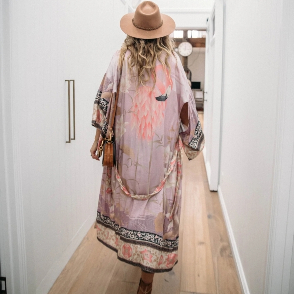 NEW Bohemian Vintage Floral Kimono Maxi Duster Dusty Pink Black - Picture 5 of 9